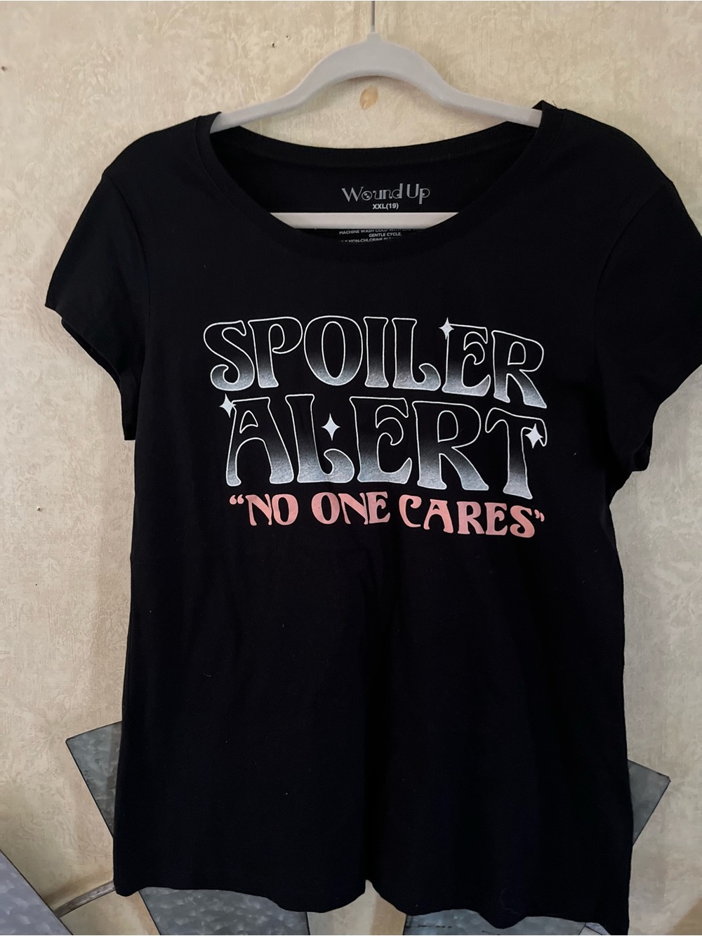Wound Up Black Graphic Tee with Pink Accent Text